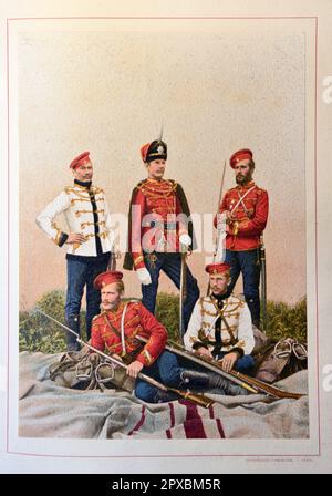 Imperial Russian Army.  His Majesty's Hussar Life Guards Regiment. Officers and lower ranks in various outfits. His Majesty's Life Guards Hussar Regiment (until 1855 – the Hussar Life Guards Regiment) was a Guards Hussar regiment of the Army of the Russian Empire. Stock Photo