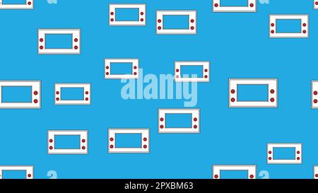 Seamless pattern endless with handheld game consoles, electronic toys old retro vintage hipster from 70s, 80s, 90s isolated on blue background. Vector Stock Vector