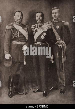World War I. Great Allies of France. From left to right: Nicholas II, Emperor of Russia, George V, King of England, Albert I, King of the Belgians Stock Photo