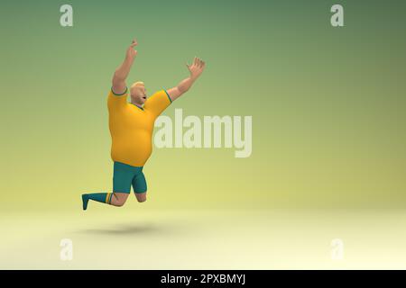 An athlete wearing a yellow shirt and green pants is jumping. 3d rendering of cartoon character in acting. Stock Photo