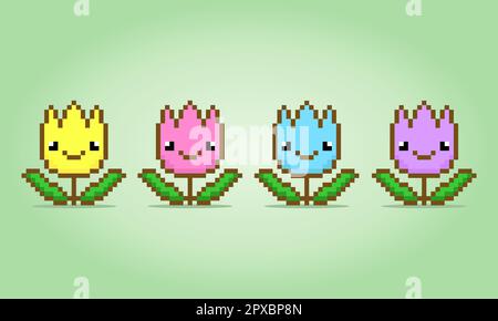 8 bit pixel flower of tulip. Set of flowers for cross stitch patterns, in vector illustrations. Stock Vector