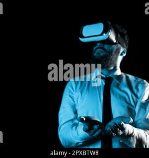Man Wearing Vr Glasses And Holding Important Messages In Hands. Stock Photo
