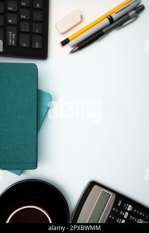 Coffee Cup Standing on Desk. Important infrormation written on paper. Stock Photo