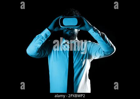 Man Wearing Vr Glasses And Looking On Important Messages. Stock Photo