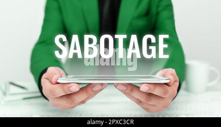Text caption presenting Sabotage, Business overview destruction of an employer's tools and materials by workers Stock Photo