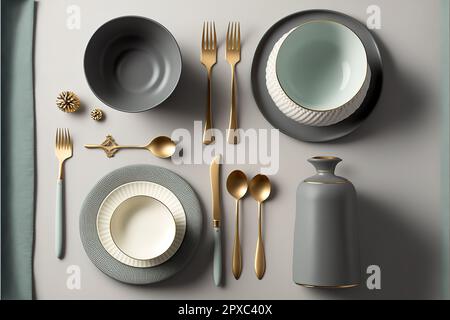 Stylish tableware on light grey table, flat lay. Space for text . Stock Photo