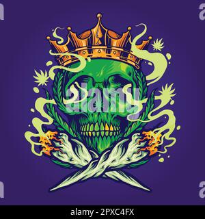 Human skull wearing royal crown smoking marijuana joint illustrations vector for your work logo, merchandise t-shirt, stickers and label designs, post Stock Vector