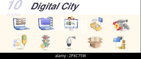 Digital city set. Creative icons: online healthcare, open data, skill development center, smart parking, waste to energy, water quality monitoring Stock Vector