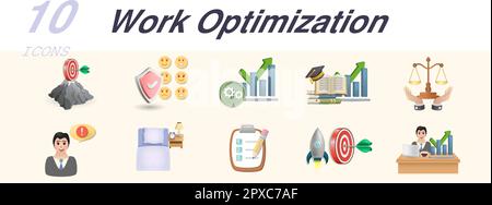 Work optimization set. Creative icons: purpose, emotional immunity, improvement, knowledge growth, balance, sleeping time, priorities, human Stock Vector