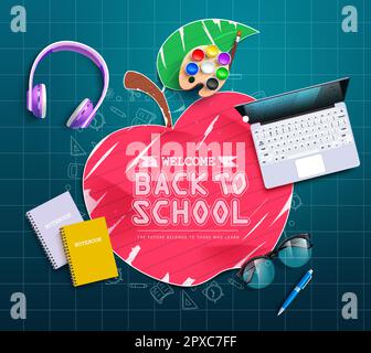 Back to school text vector design. Back to school in red apple paper cut with educational items and elements. Vector illustration education greeting Stock Vector