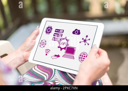 Api concept shown on a tablet held by a woman Stock Photo