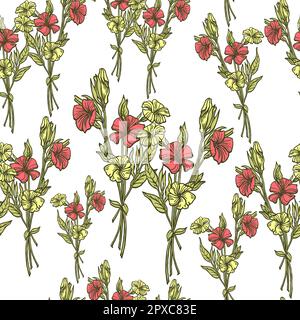 Botanical seamless pattern with bright colorful flowers on white background. Outlines drawn in ink on paper converted into vector. Stock Vector