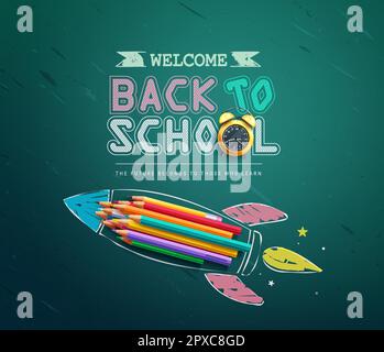 Back to school text vector design. Back to school greeting with rocket ship and color pencil elements in chalk board background. Vector illustration Stock Vector