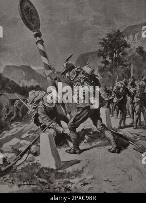 World War I illustrations. The Italian 'Alpini' knock down the border post on a road in Trentino. By G. D'Amato. May 1915 Stock Photo