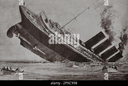 Sinking of the RMS Lusitania. May 1915. Drawing by Norman Wilkinson.  The RMS Lusitania was a UK-registered ocean liner that was torpedoed by an Imperial German Navy U-boat during the First World War on 7 May 1915, about 11 nautical miles (20 kilometres) off the Old Head of Kinsale, Ireland. The attack took place in the declared maritime war-zone around the UK, shortly after unrestricted submarine warfare against the ships of the United Kingdom had been announced by Germany following the Allied powers' implementation of a naval blockade against it and the other Central Powers. The passengers h Stock Photo