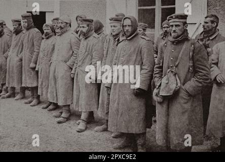World War I. Captured German soldiers.  Some survivors of the hecatombes: types of German infantrymen of the reserves launched against Verdon, after having been the object of a special training and of a regime of overfeeding comprising 3 1/2 pounds of meat, 3 liters of coffee per man and per day. Stock Photo