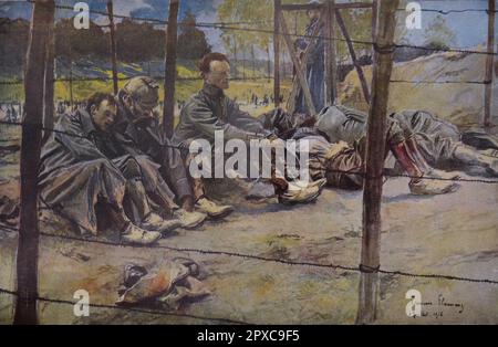 World War I. German officers in captivity. François Flameng During the Somme offensive, special places were prepared at the arsenals of each attack sector for the temporary reception of prisoners, on arrival of which the officers were separated from their men and awaited the moment of evacuation. Stock Photo