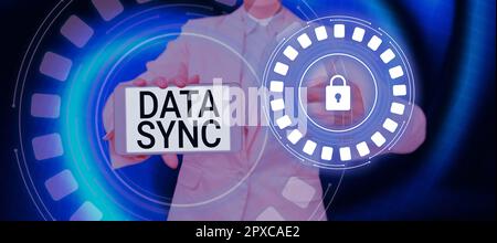 Conceptual caption Data Sync, Word for data that is continuously generated by different sources Stock Photo