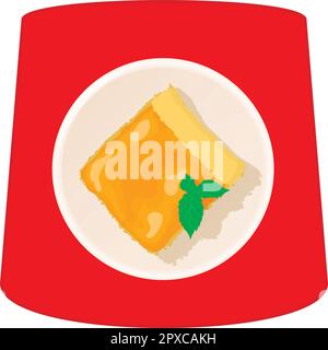 Apricot cheesecake icon isometric vector. Apricot cake on red plastic table icon. Dessert, sweet food, top view Stock Vector