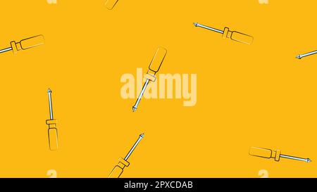 Texture, seamless abstract pattern of construction metal plastic yellow screwdrivers for repair, tool on yellow background. Vector illustration. Stock Vector