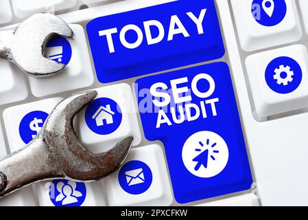 Writing displaying text Seo Audit, Concept meaning Search Engine Optimization validating and verifying process Stock Photo
