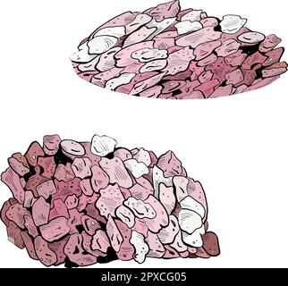 Vector illustration of piles of cosmetic pink sea salt on white background. Black outline, graphic drawing in curves. For postcards, design and Stock Vector