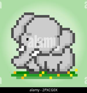 8 bit pixels elephant is sitting. Happy animals for game assets in vector illustrations. Stock Vector