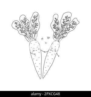 Two cute carrots in love holding hands and smiling. Organic food. Tender feelings, confession. Valentines day. Black and white vector isolated illustr Stock Vector