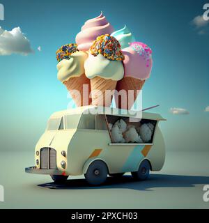 Ice cream truck, cones on the roof, 3D illustration art design Stock Photo