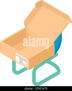 Soft chair icon isometric vector. Bright blue soft chair and open big wooden box. Furniture transportation, delivery concept Stock Vector