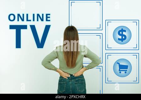 Handwriting text Online Tv, Business concept a television production broadcast in real-time as events happen Stock Photo