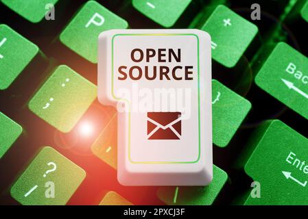 Hand writing sign Open Source, Word for denoting software which original source code freely available Stock Photo