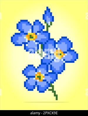 8 bit pixel flower of flax. Blue flowers for cross stitch patterns, in vector illustrations. Stock Vector