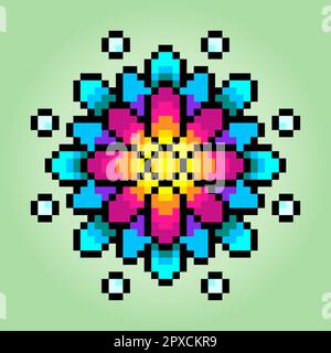 8 bit pixel flower ornaments. Circle of flowers for cross stitch patterns, in vector illustrations. Stock Vector