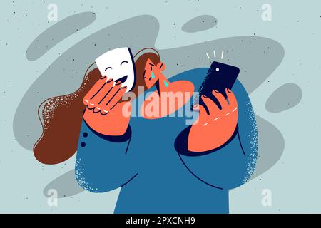 Unhappy woman take off face mask cry suffer from bullying online. Upset desperate female hide emotions struggle with harassment on internet. Vector il Stock Photo