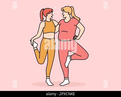 Smiling young women in sportswear have fun training together. Happy slim and overweight girls exercising for good figure and health. Vector illustrati Stock Photo