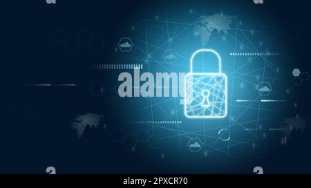 Glowing neon padlock icon on blue background, personal data protection concept Stock Photo