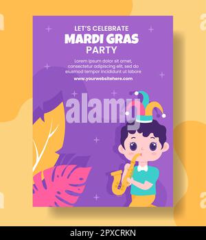 Mardi Gras Carnival Vertical Poster Flat Cartoon Hand Drawn Templates Illustration Stock Photo