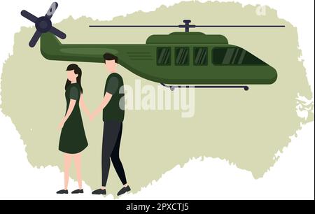 A boy and a girl are walking near a military helicopter. Stock Vector