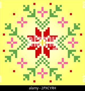 8 bit pixel flower ornaments. Circle of flowers for cross stitch patterns, in vector illustrations. Stock Vector