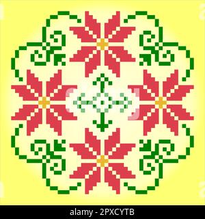 8 bit pixel flower ornaments. Circle of flowers for cross stitch patterns, in vector illustrations. Stock Vector