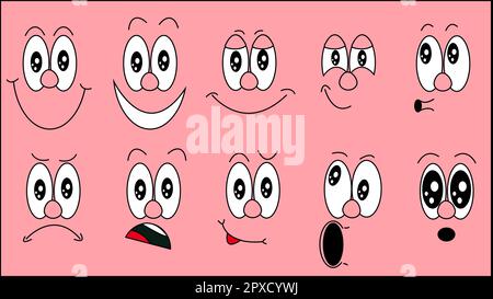 A set of emoji, a set of emotions of funny faces with different emotions, joy, sadness, fear, surprise, smile, cry, doubt on a pink background. Vector Stock Vector