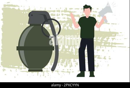 The boy stands next to the grenade. Stock Vector