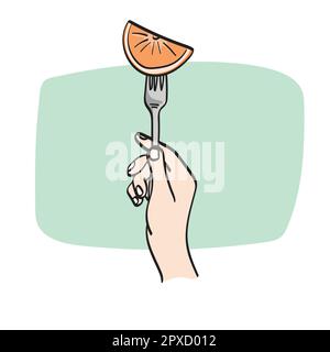 closeup hand holding fork with piece of orange illustration vector hand drawn isolated on white background line art. Stock Vector
