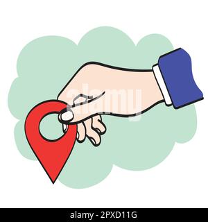 closeup hand holding red location icon illustration vector hand drawn isolated on white background line art. Stock Vector