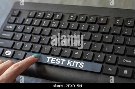 Hand writing sign Test Kits, Business idea collection of certain tools and equimpent for particular purpose Stock Photo