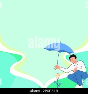 Yung man holding umbrella and looking at rose. Brand new information. Stock Photo