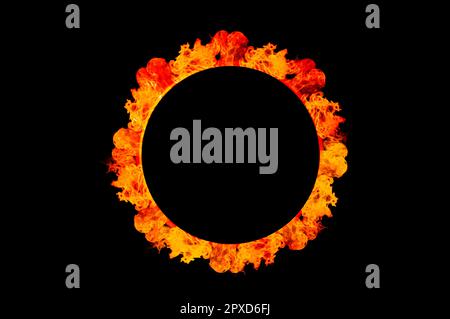 orange flame circle frame on black background Stock Photo