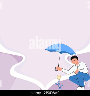 Yung man holding umbrella and looking at rose. Brand new information. Stock Photo