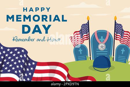 happy memorial day illustration horizontal banner with hero's grave and american flags Stock Vector